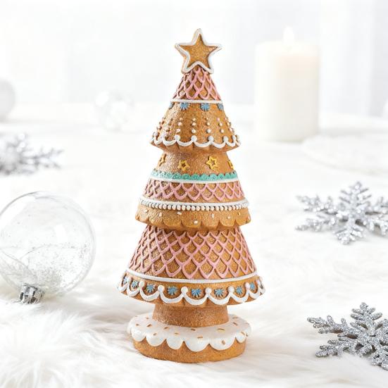 Mini Gingerbread Christmas Tree Ornament Miniature Xmas Tree Resin Statue Figurine Home Office Holiday Party Tabletop Decoration