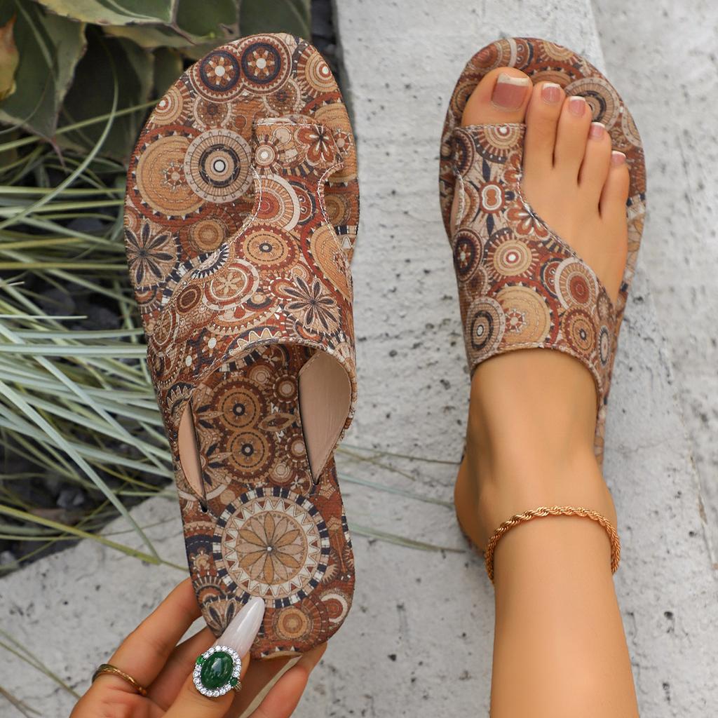 Large size slippers women's ethnic style 2025 summer new breathable printing set toe Roman style cool slippers women