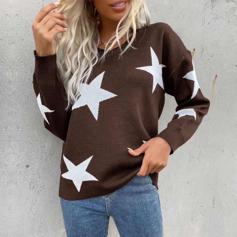 Womens Fit Star Print Round Neck Long Sleeve Knit Top - Acrylic Blend Casual Daily Wear