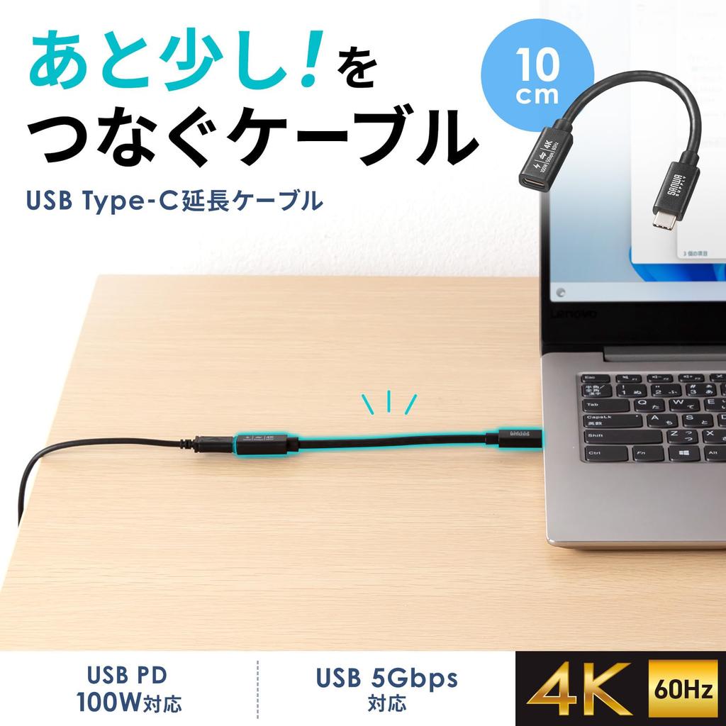SANWA SUPPLY USB 5Gbps Extension Cable Type-C (PD100W, 0.1m) KU-5GCCP100EN01