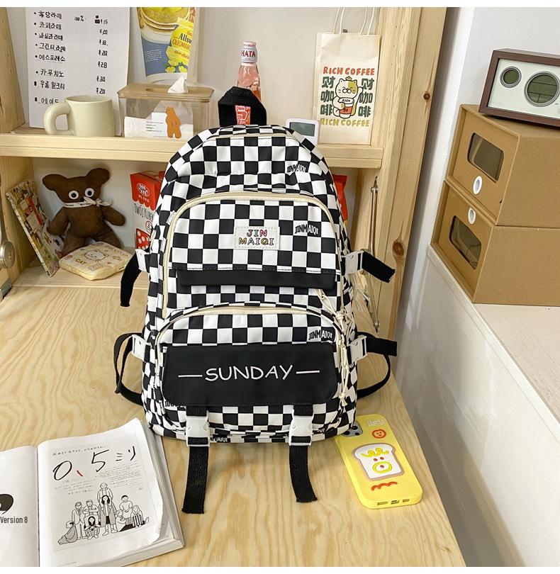 Girls' Korean Checkerboard Colorblock Lightweight Casual Backpack - Large Capacity for Middle & High School Students