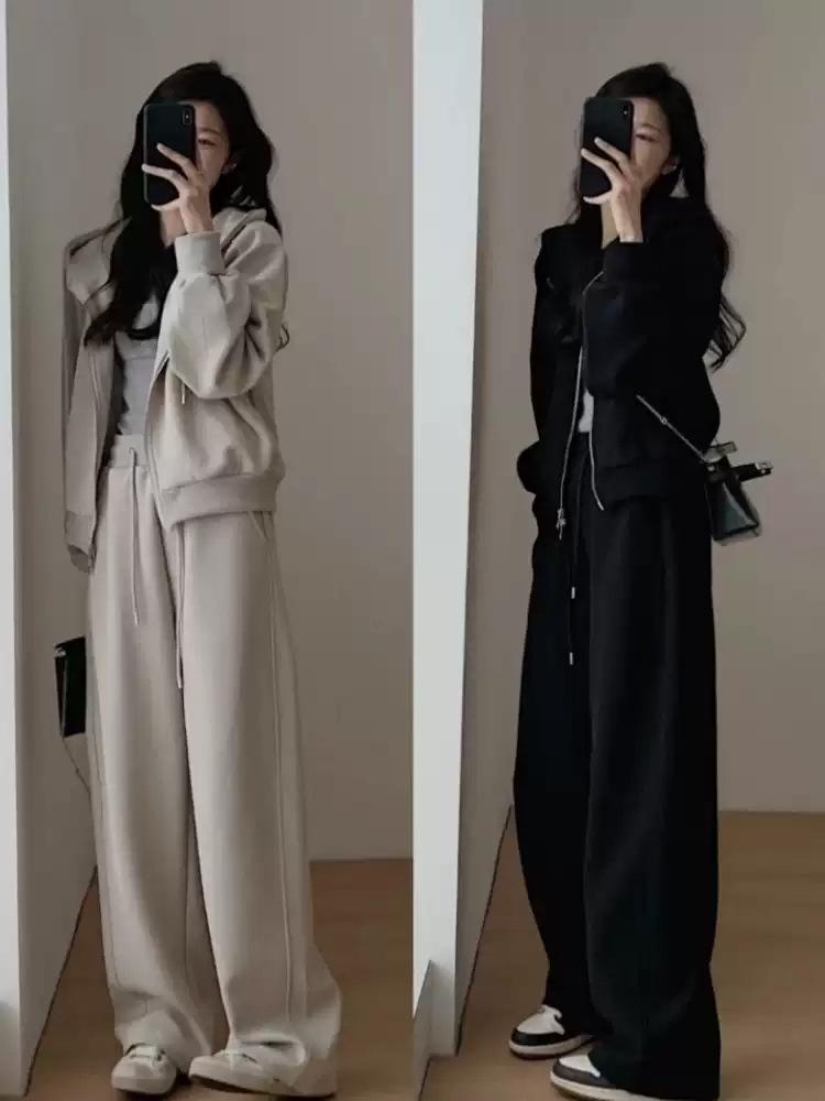 Women's Autumn/Winter Fashionable Casual Sportswear Set: Velvet Hooded Sweatshirt with Wide-Leg Pants Two-Piece