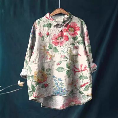 VAYLA  Vintage Linen Shirt Flower Pattern Print Lapel Neck Casual Long Sleeve Blouse Spring Fall Fashion Pullover Tops