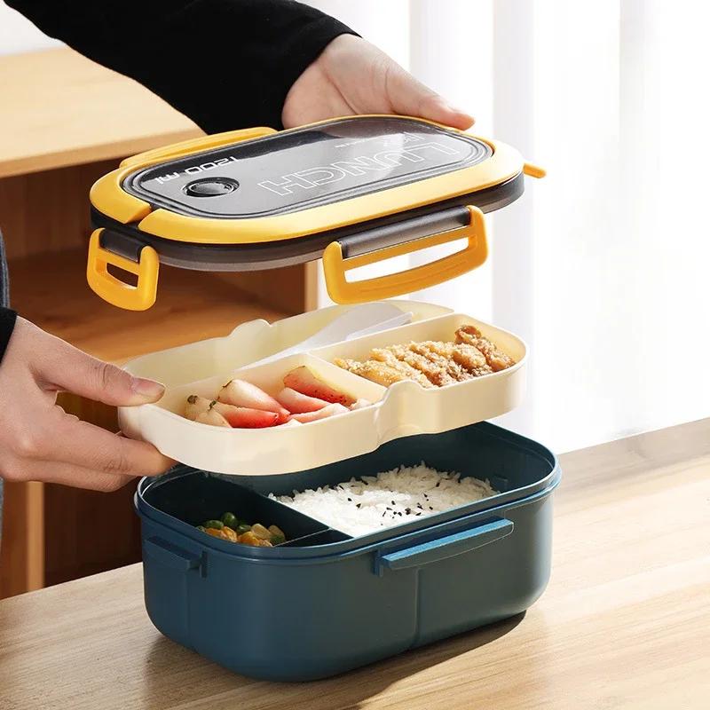 Einzelne doppelschichtige Lunchbox Tragbares Fach Obst Lebensmittel Mikrowelle Lunchbox mit Gabel und Löffel Picknick Frisch