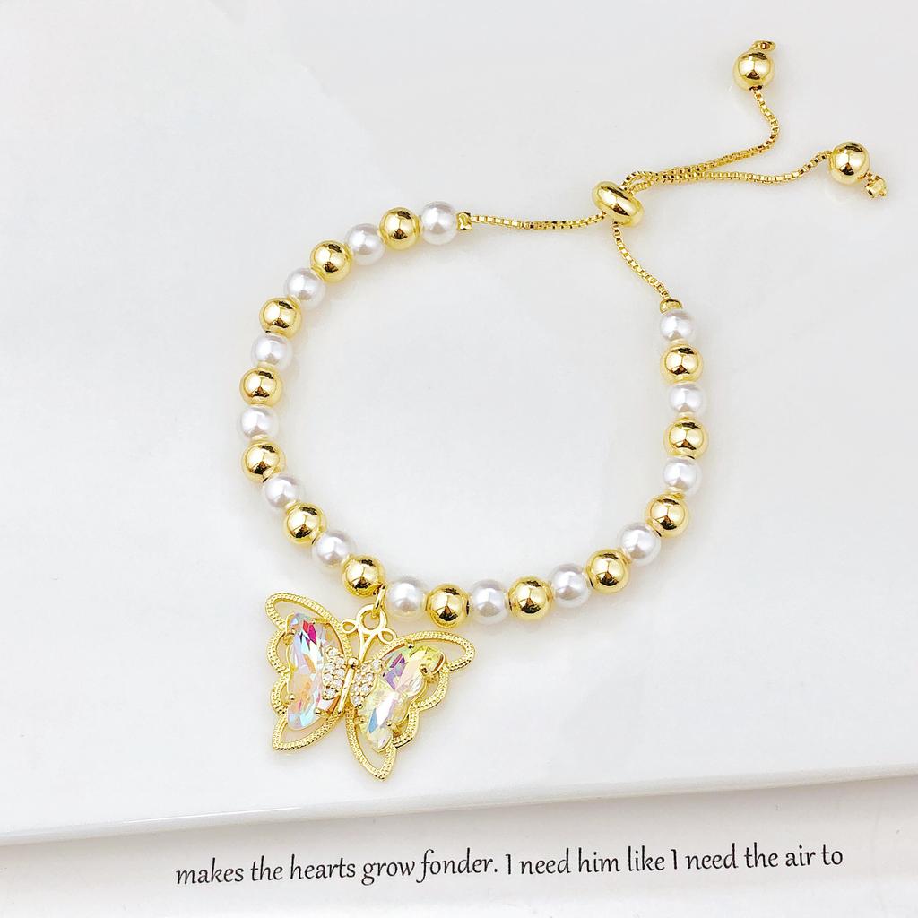 Luxury Butterfly Crystal Zircon Copper Bead Pearl Chain Bracelet Charming for Women Girls Daily Party Wrist Jewelry Wholesale