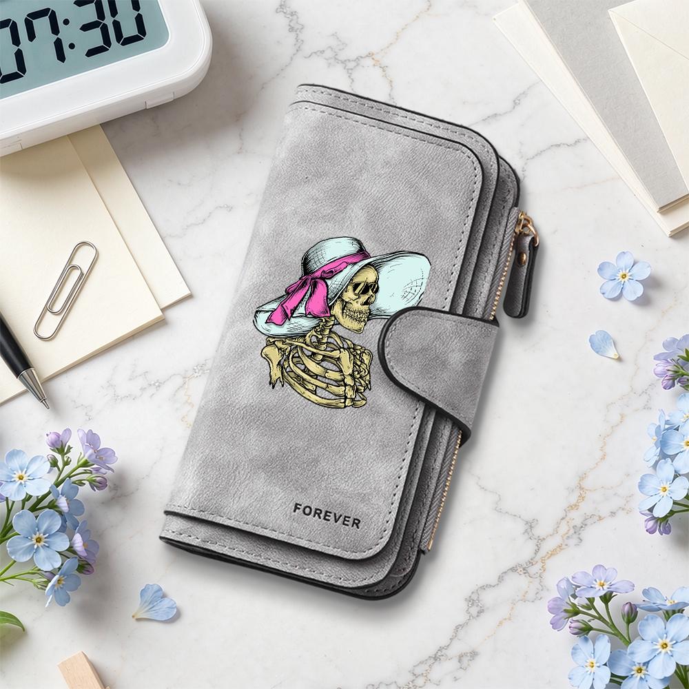 Chic Skeleton Lady Pattern Wallet Forever PU Leather Long Purse with Multiple Card Slots Zipper Pocket for Daily Use