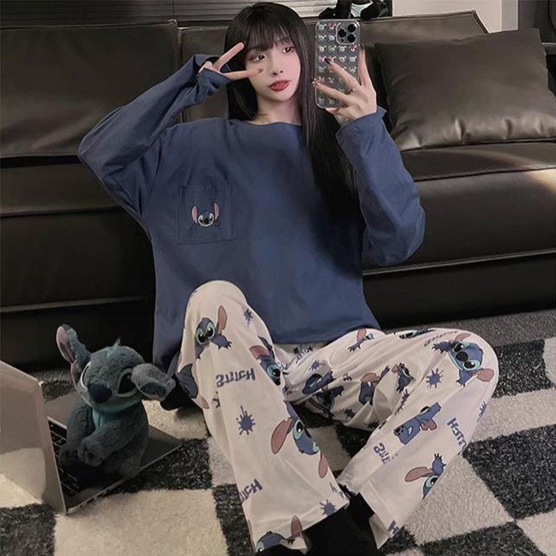 Women's Cartoon Stitch Pajama Set - Long Sleeve & Pants, Wearable Outdoors, Loose Fit for Autumn/Winter.