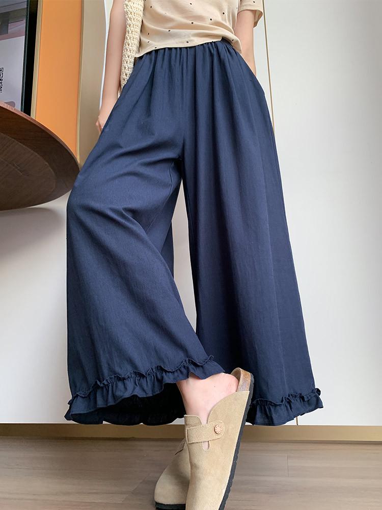 Korean Style Lace Patchwork Ice Silk Wide-Leg Pants for Women - High-Waisted, Versatile, Straight Leg, Summer 2026 Collection