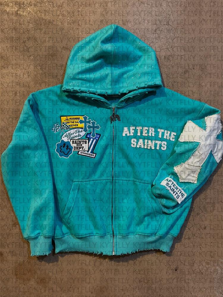 Completo Y2K da Donna a 2 Pezzi Felpa con Zip e Toppe Strappate Lettere Pantaloni Lunghi Dritti Streetwear Tuta