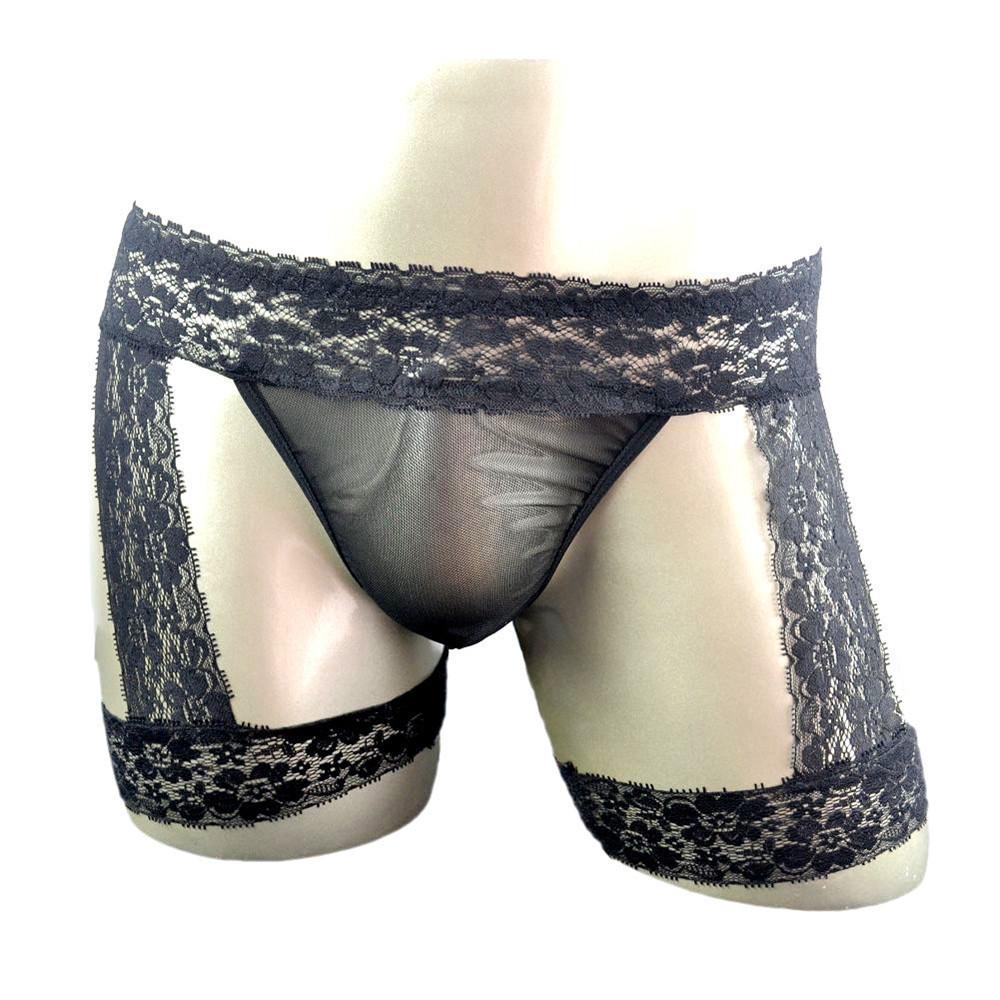 Men's sex underwear sexy transparent lace pocket flat foot leggings men's sex underwear