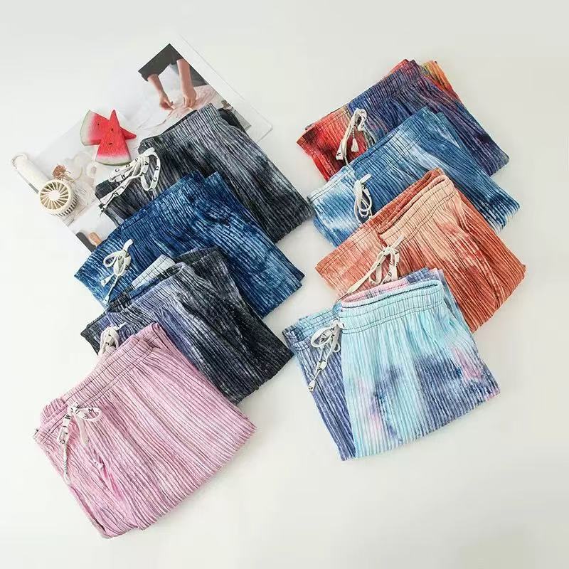 Women's Summer Slim High Waisted Color Printed Pleated Casual Floor Pants