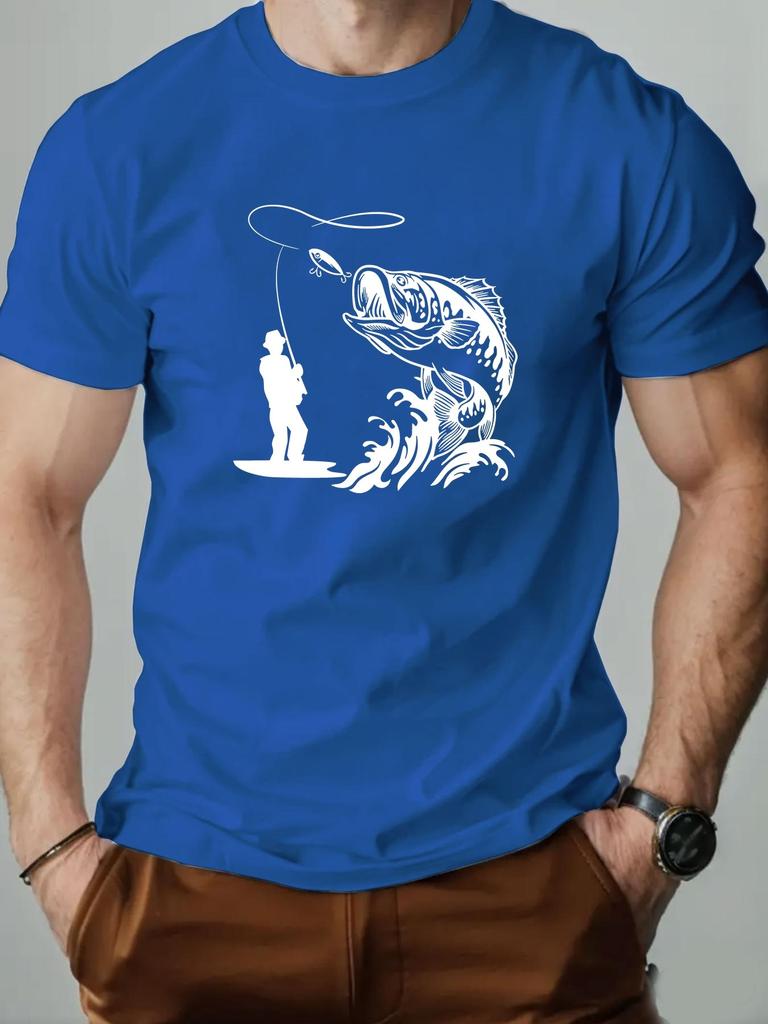 Mens Summer Large Fish Pattern Casual Roundneck Shortsleeved Soft Comfortable Breathable Cotton Fishing Enthusiast Tshirt