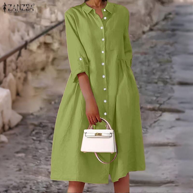 

ZANZEA Женское повседневное платье-рубашка с отложным воротником и длинными рукавами 5XL зелёный
