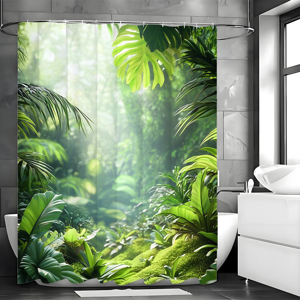 Annier Green Forest Plants Shower Curtain Washable Dirt-Resistant Shower Head Waterproof Polyester Bath Curtain For Home Decor