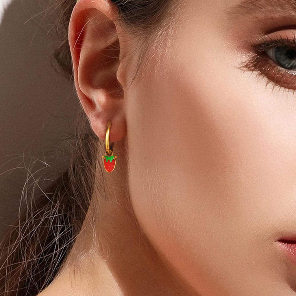 Cute Strawberry Cherry Hoop Earrings for Women Girls,18K Gold Plated Stainless Steel Earrings,Trendy Jewelry Gift