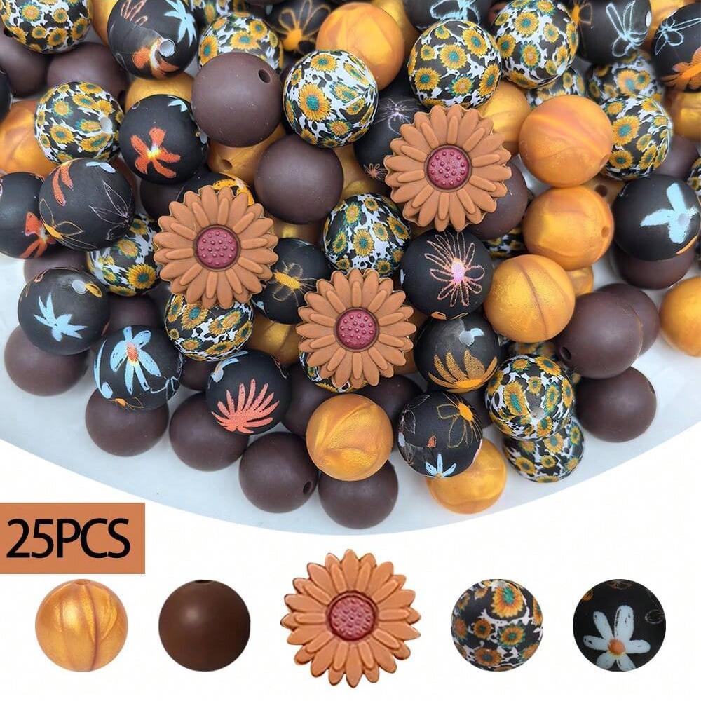25PCS daisy and floral printed silicone bead set, punk style, suitable for DIY keychains, bracelets, bead pens