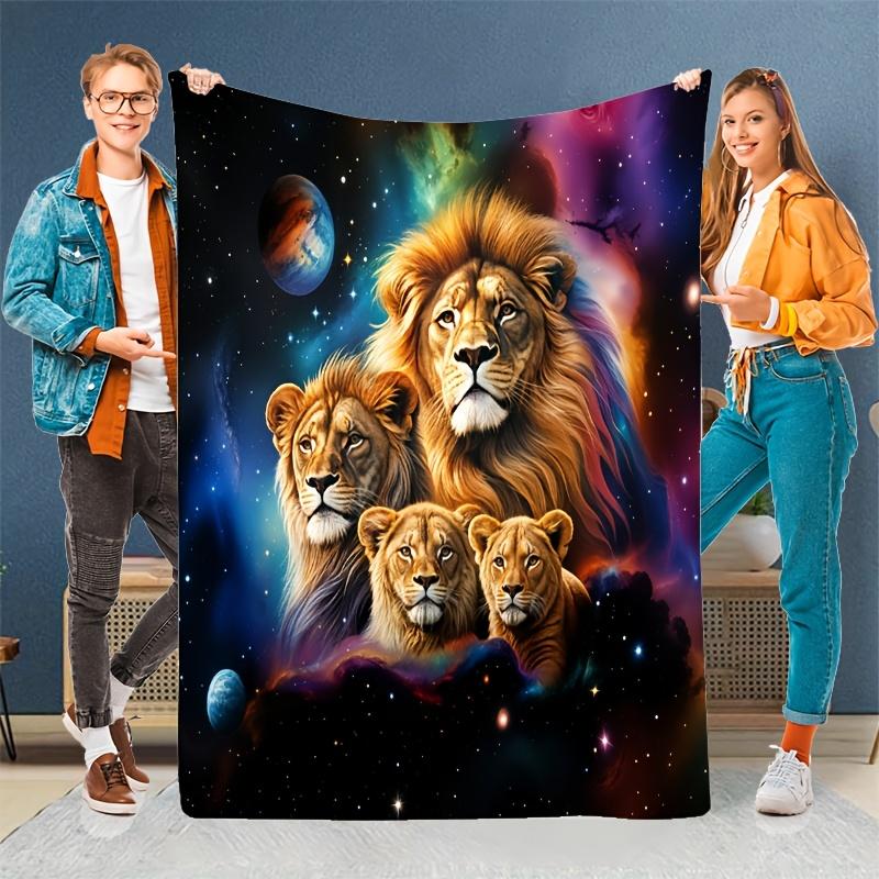 Lion Family In Space Fleece Blanket Cosmic Galaxy Print Throw Soft Warm All Season Bedding Home Decor Gift For Animal Lovers