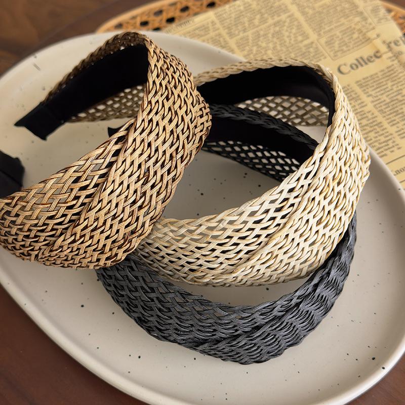 Women Bohemian Vintage Straw Woven Headband Wide Cross Design Hair Accessory Ladies