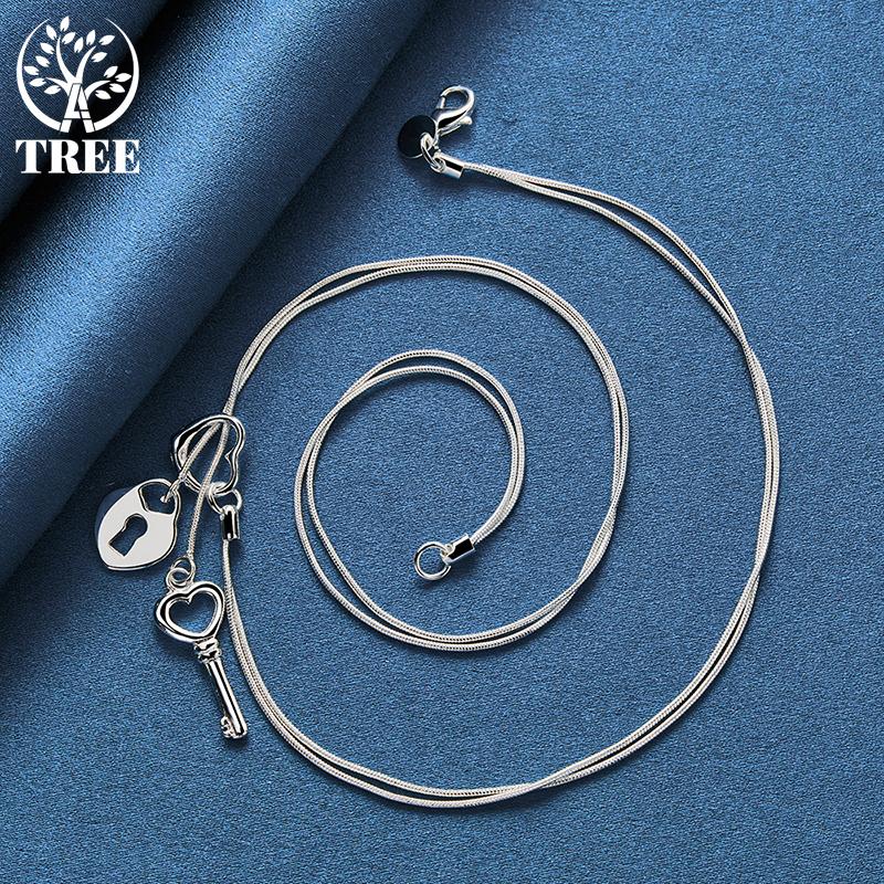 AliZero 925 Sterling Silver Key Heart Lock Necklace Snake Chain Women's Wedding Fashion Charm Jewelry