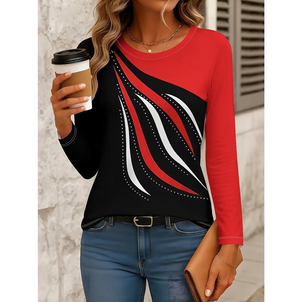 Casual Long Sleeve Tops Geometric Abstract Graphic 3D Printed T-shirts Round Neck Fall Winter Streetwear Pullover