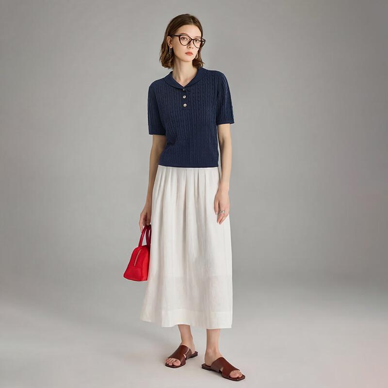Wudao Women's Linen Blend Ribbed Polo T-Shirt