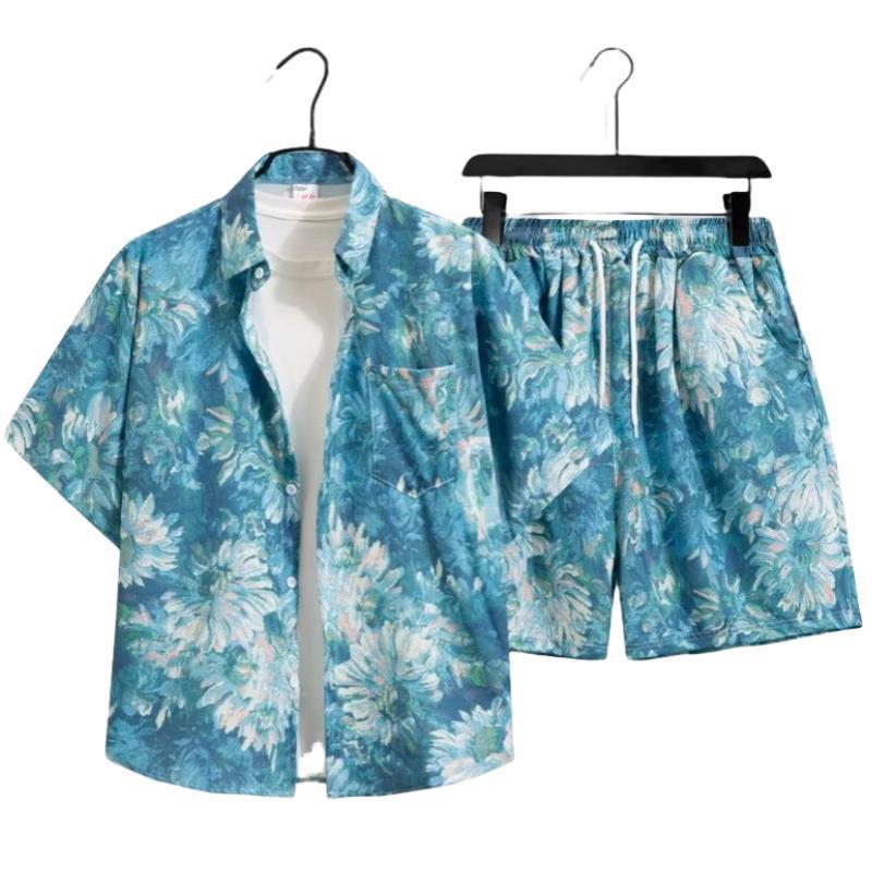 Unisex Summer Ice Silk Quick-Dry Hawaiian Shirt & Shorts Set