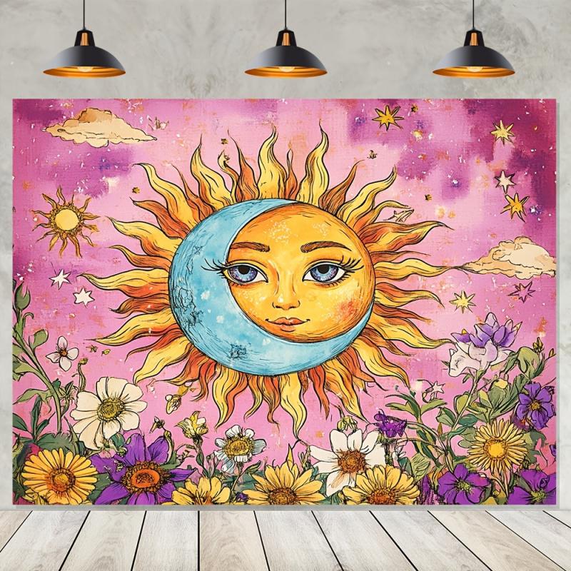 VIKAMA Bohemian Sonne und Mond Blumenteppich Wandbehang Geeignet für Wohnzimmer Schlafzimmer Spielzimmer und Heimdekoration