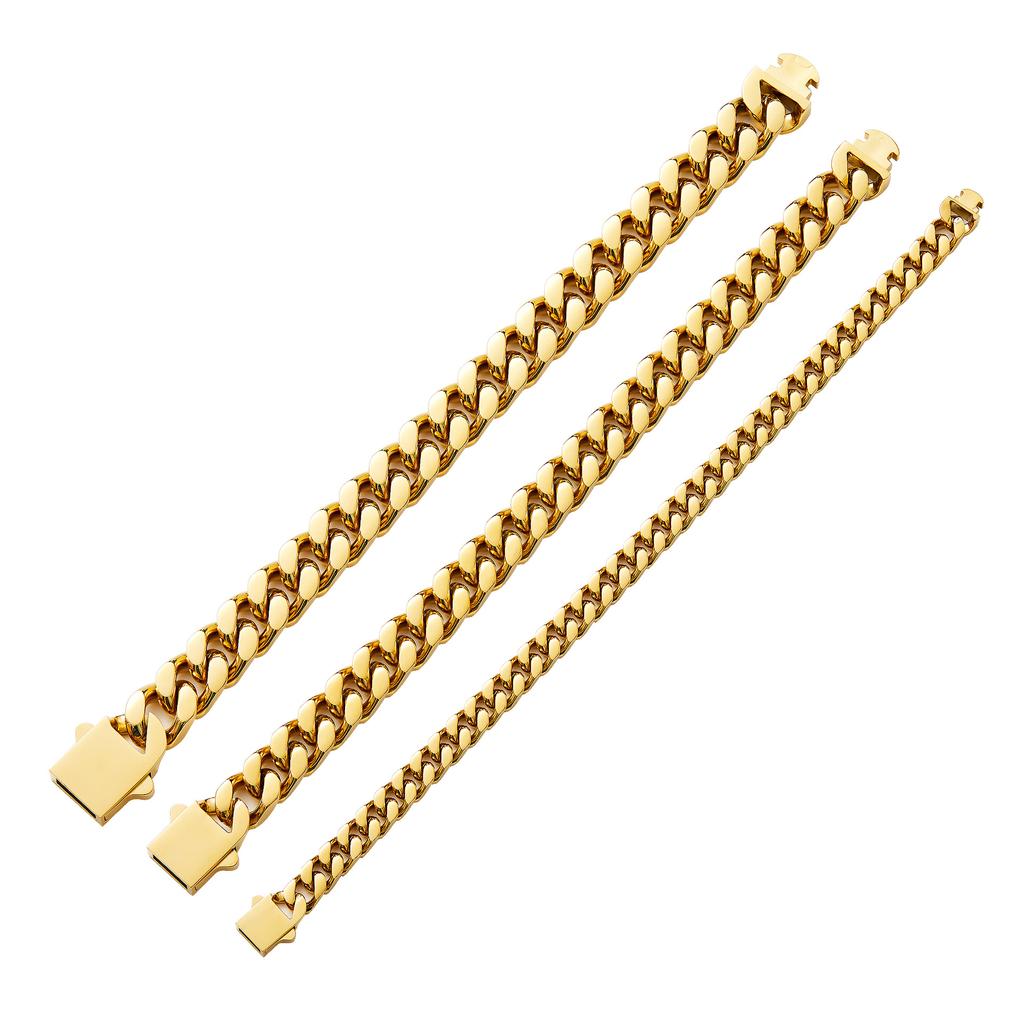Real 18K Gold PVD Stainless Steel Cuban Necklace Bracelet Custom Logo 5MM-15MM Monaco Necklace Miami Cuban Chains for Men