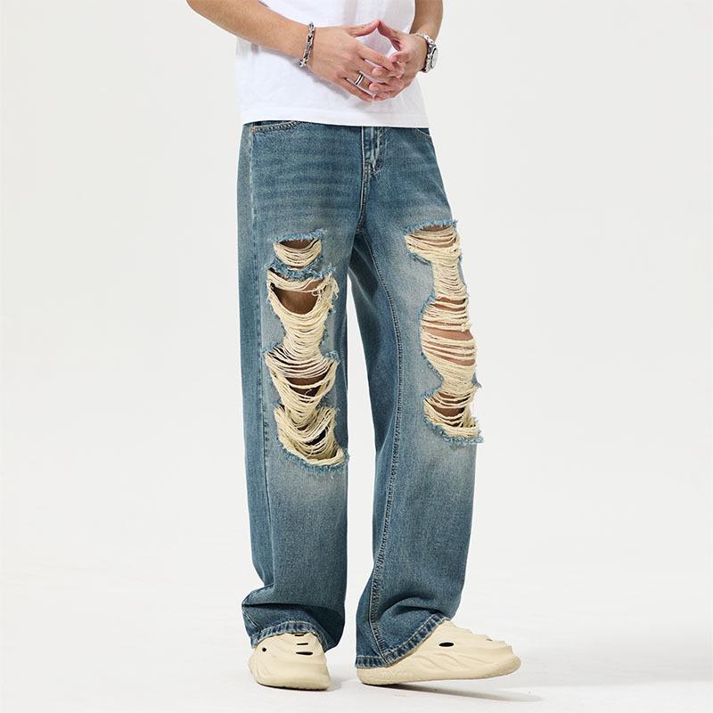 

Новые весенне-летние джинсы классического синего цвета, рваные, супермягкие, тонкие, свободные, прямые, широкие штанины 4XL