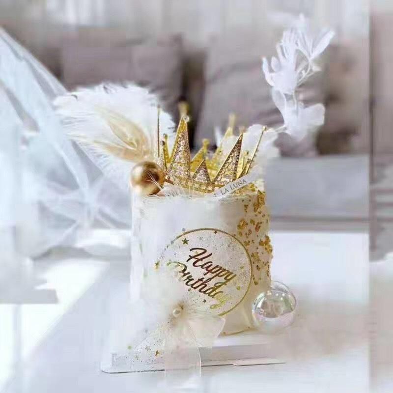 Shiny White Mesh heart round Happy Birthday Cake Topper with feather for Girls Women Princess Birthday Party cake Decorations