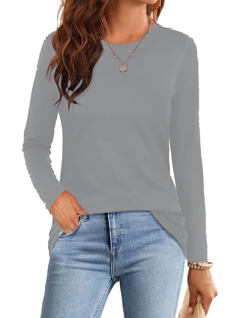 2024 Women's Casual Solid Color Long-Sleeve Round Neck T-Shirt - European & American Fashion Autumn Edition
