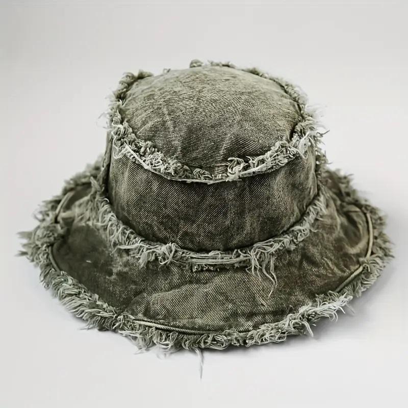 Bucket Hat Letter Print Label Basin Hats Stylish All-Match Lightweight Fisherman Hats-Daily Wear Matching And Shading Raw Hem Denim