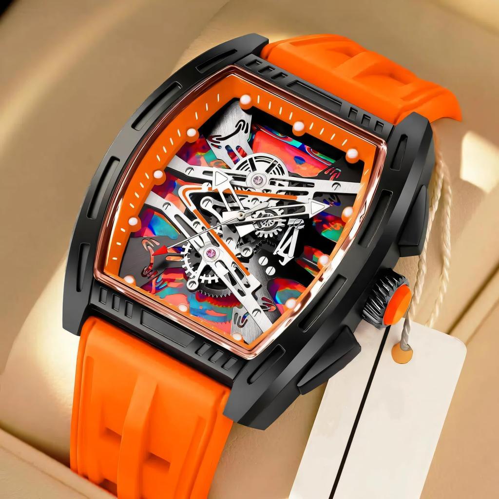 New Business Cool Wine Barrel Shaped Hollowed Dial Men's Wristwatch Silicone Strap Waterproof Luminous Quartz Male Watch