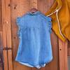 Denim Rüschen Damen Hemd V-Ausschnitt Kragen Ärmellos Knöpfe Knopfleiste Hemd Tops Einfarbig Lässiges Sommerhemd