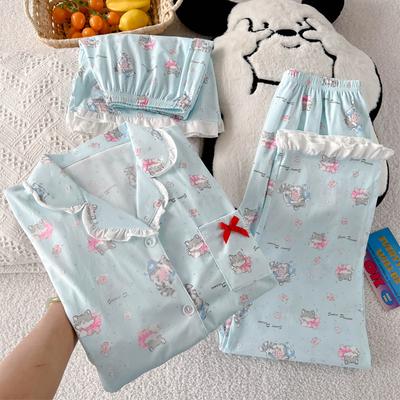 Imitation Cotton Edge Cat Pajamas Women's Summer Niche Short-sleeved Three-piece Loungewear Can Be Worn Outside