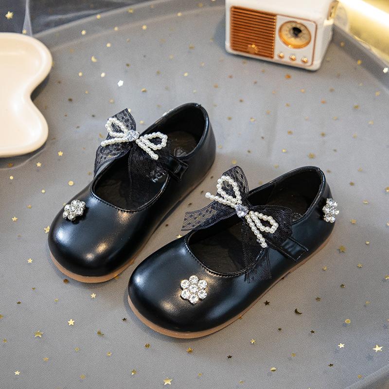 Girls leather shoes 2025 autumn new girls bow crystal princess shoes fashion children soft sole casual shoes