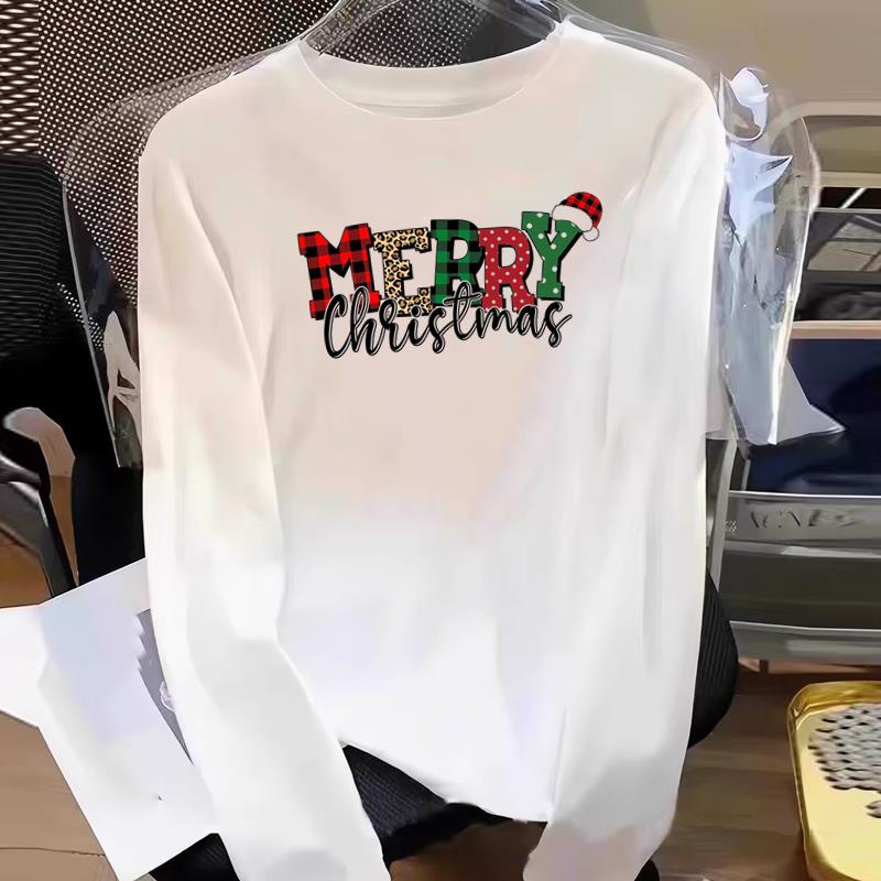 (Asian Size) Print T Shirt Graphic Tee Women plaid tree merry Christmas new year Casual Fashion Top o-neck Clothing Long Sleeve T-shirts