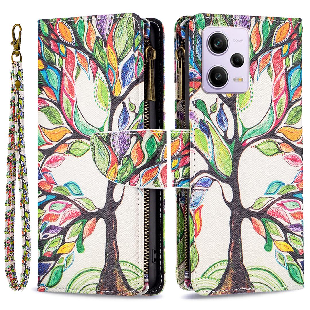 

Zipper Pocket Phone Case for Xiaomi Redmi Note 12 Pro 5G/Note 12 Pro Speed 5G/Poco X5 Pro 5G PU Leather Wallet Stand Life Tree