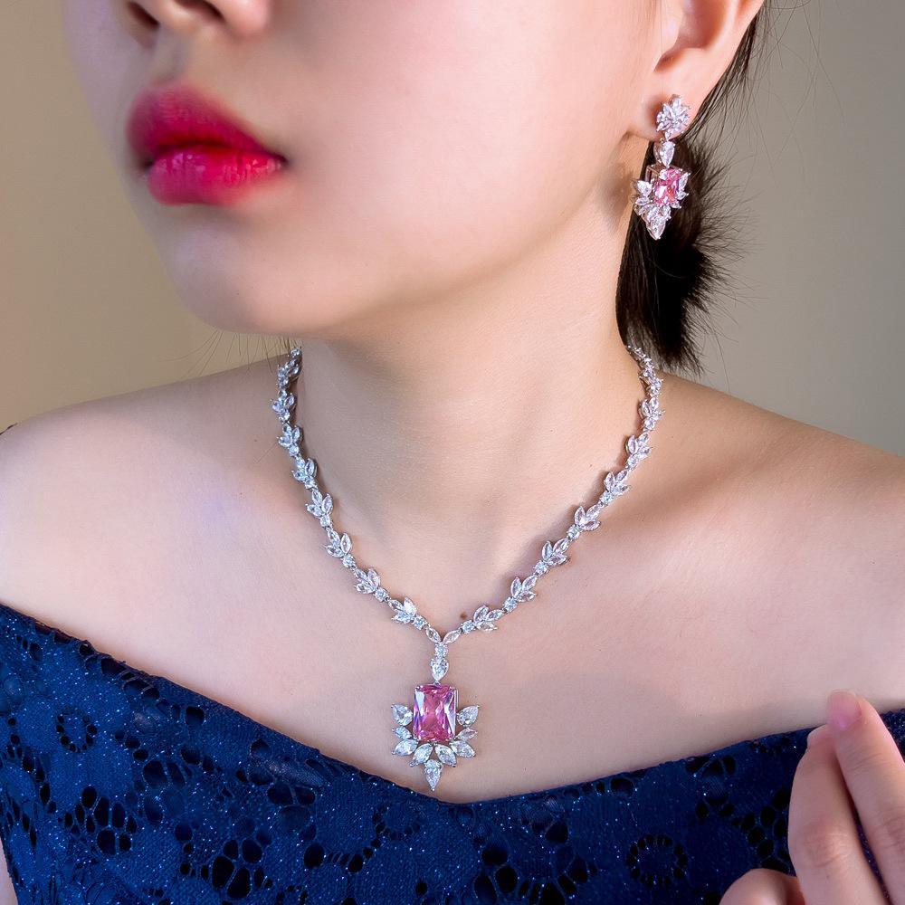 Bright Diamond Princess Pink Zircon Necklace Earrings Set Women'S Dinner Bride Wedding Jewelry Two-Piece Set