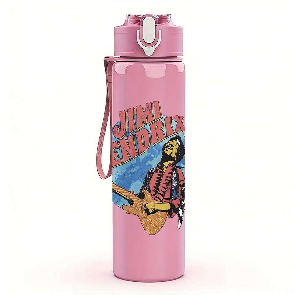 1PC Colorful band group retro print 750ml colorful plastic sports water bottle leakproof pop up lid with straw for outdoor work home use
