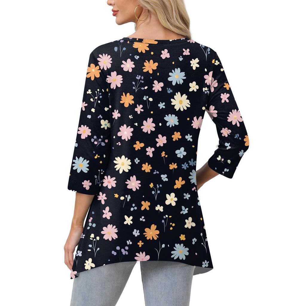 Dámské topy s výstřihem do V a 3/4 rukávem, ležérní košile střední délky, módní tuniky s potiskem