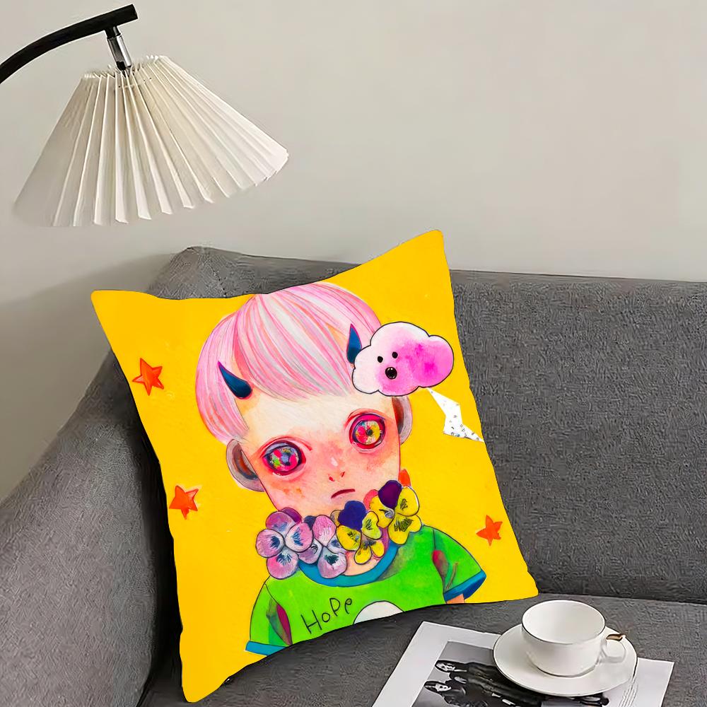 H-Hikari Shimoda IllustrationS Cushion Cover Reversible Plush Pillow Cover – For car, sofa, bedroom, perfect as a gift.