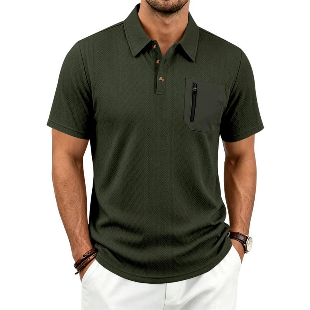 Men's Jacquard Casual Loose Fit Business Short Sleeve Polo Shirt with Collar Pocket and Zipper Detail Suitable for Daily Wear