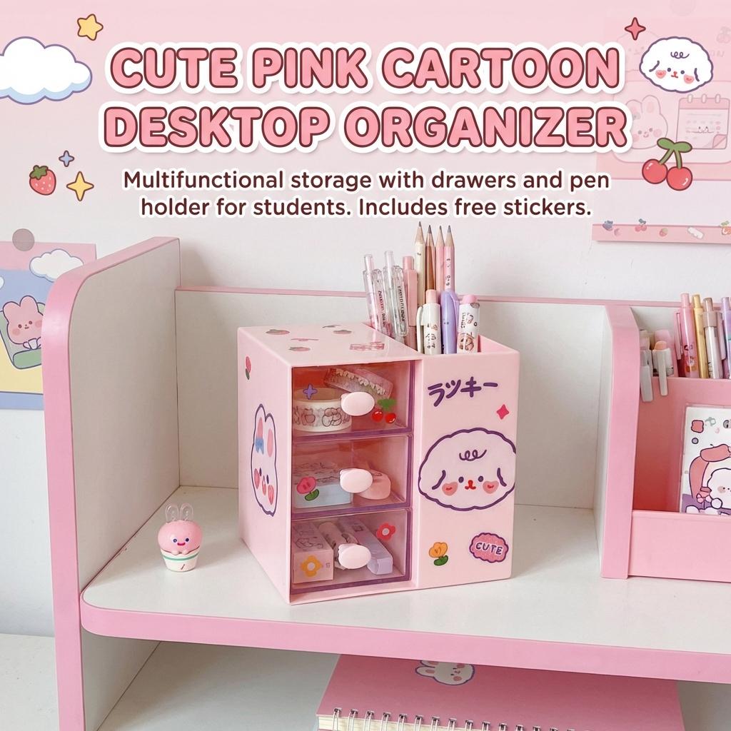 Mignon Organisateur de Pot à Crayons Dessin Animé pour Filles Étudiantes Bureau Boîte de Rangement Multifonctionnelle avec Compartiments pour Papeterie
