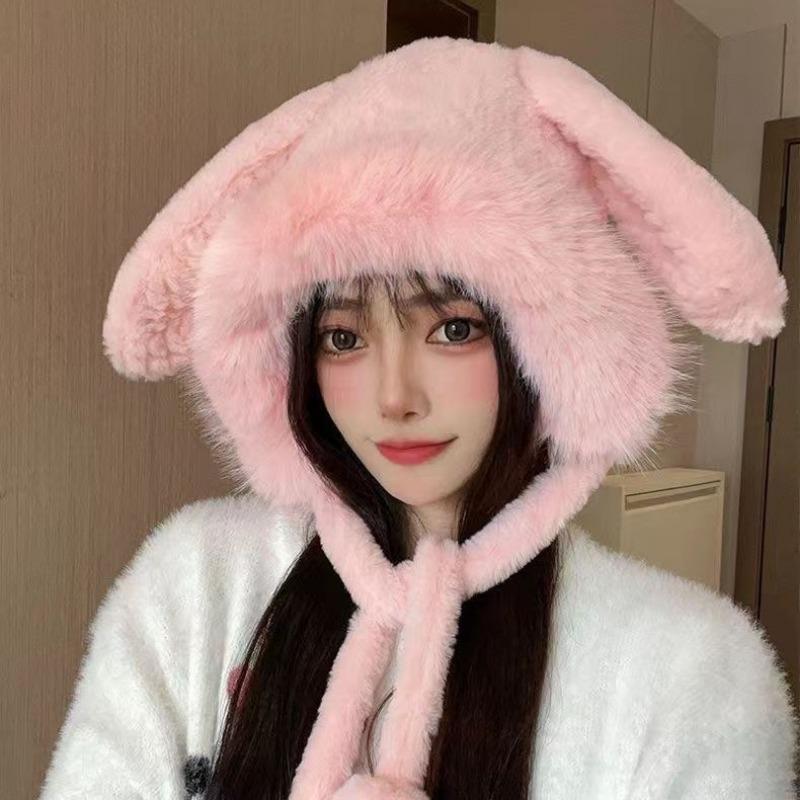 Winter fluffy hat cute ears pullover hat outdoor warm ear protection bag head cold hat fleece thickened millinery hat