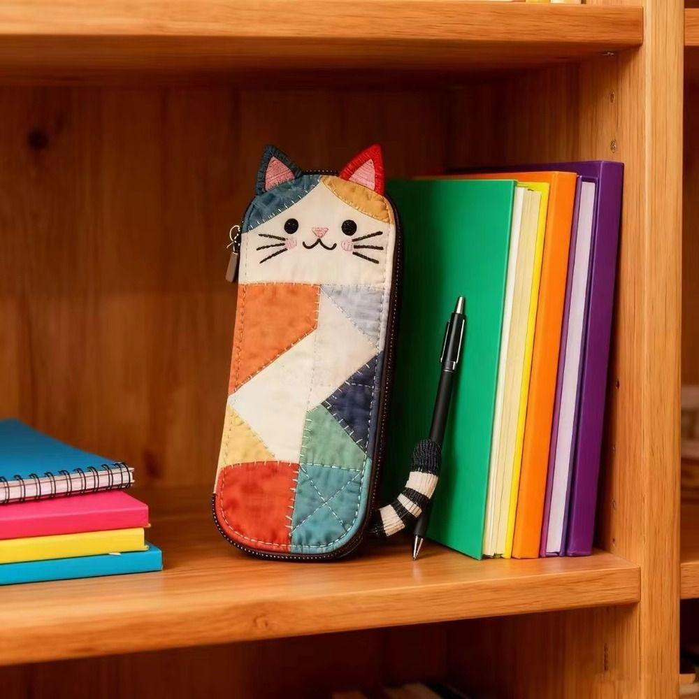 Cartoon Patchwork Pencil Case Cat Large Capacity Stationery Pouch Pen Bag Gift