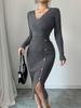 Women's Knitted Elegant Wrap Dress High Waist Bodycon Midi V-neck Long Sleeve Autumn Winter Dresses