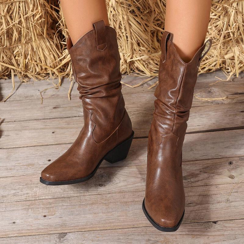 

Europe, America 2025 Knight Boots Women s Autumn and Winter Medium Heel Round Head Leather Boots Large Size Sleeve 2025 Medium Boots 39 коричневый