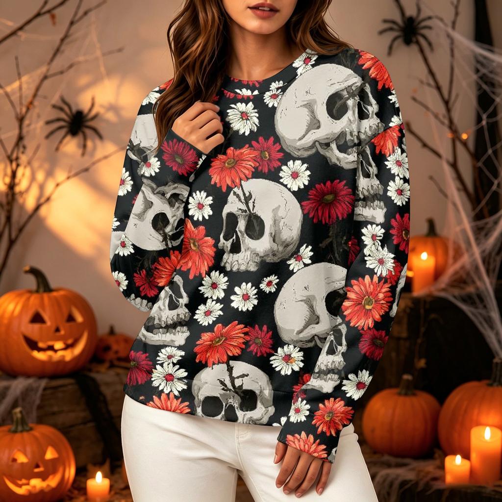 Women's Casual Long Sleeve Halloween Print Neck Sweatshirt