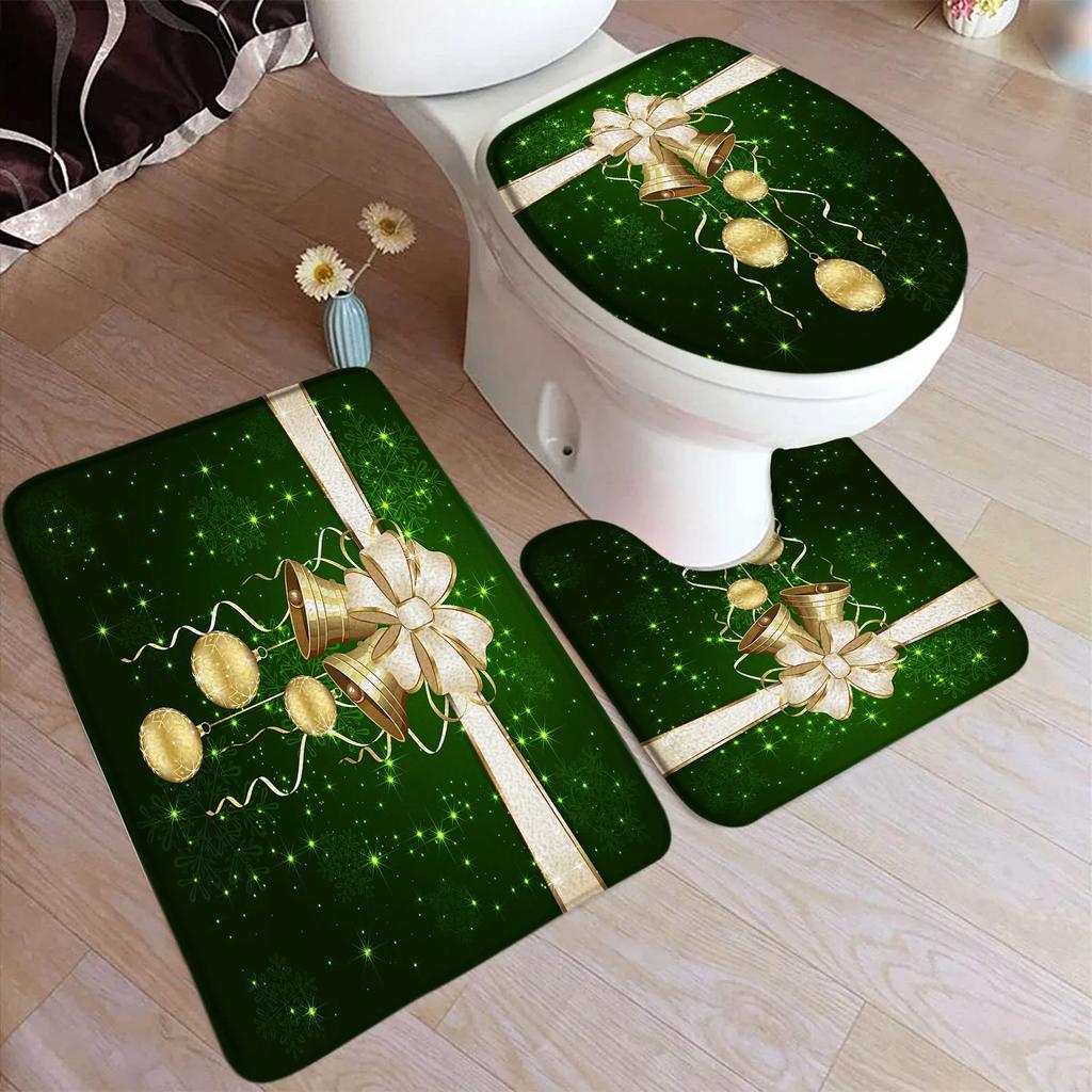 Red Christmas Shower Curtain Set Green Pine Branches Rope Ball Winter New Year Xmas Bathroom Decor Rug Bath Mat Toilet Lid Cover
